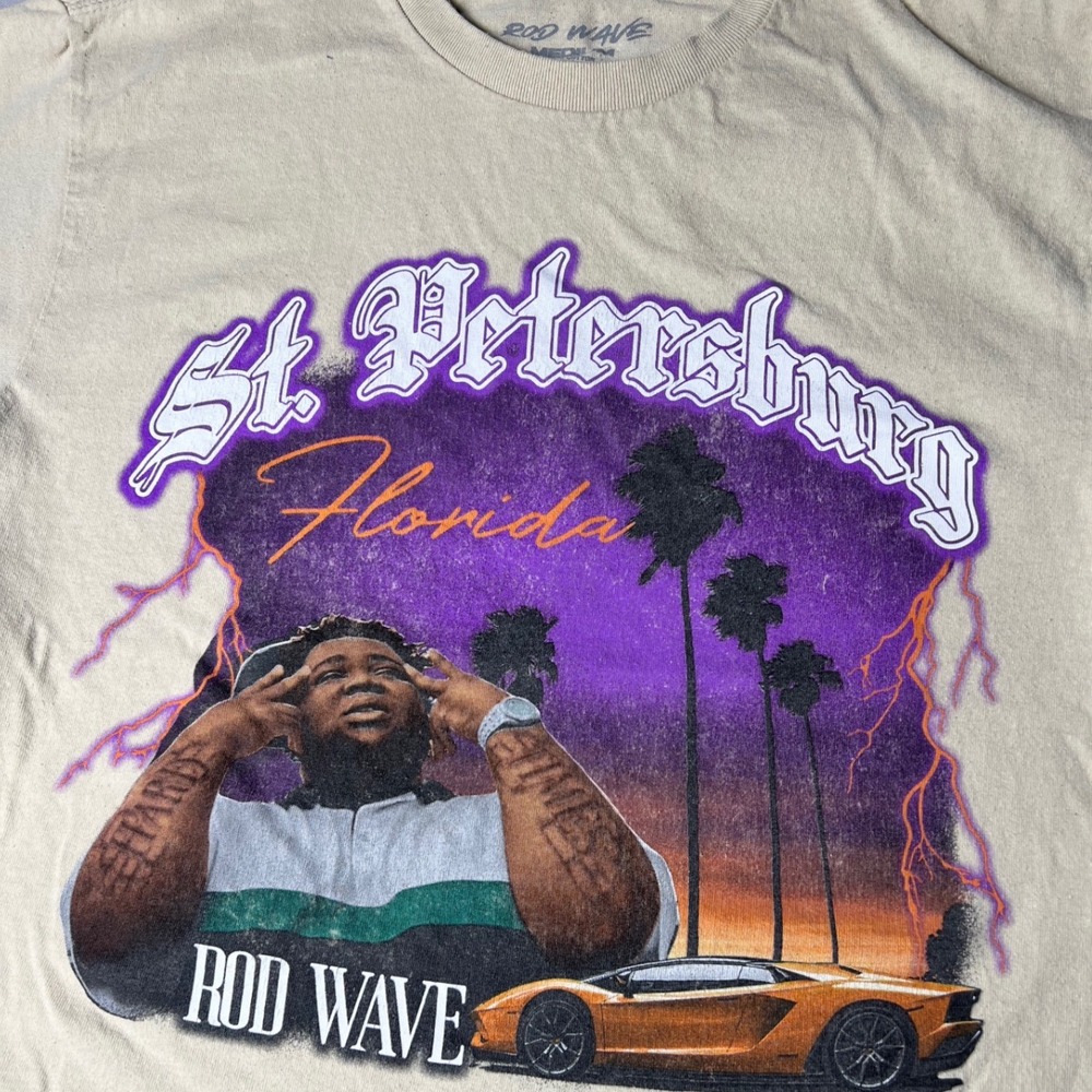 Rod Wave St. Petersburg Florida Graphic T-Shirt Tan Mens Medium Rap Tee Car